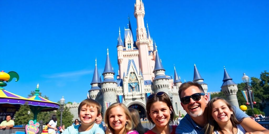 Famílias se divertindo na Disney com atrações coloridas.